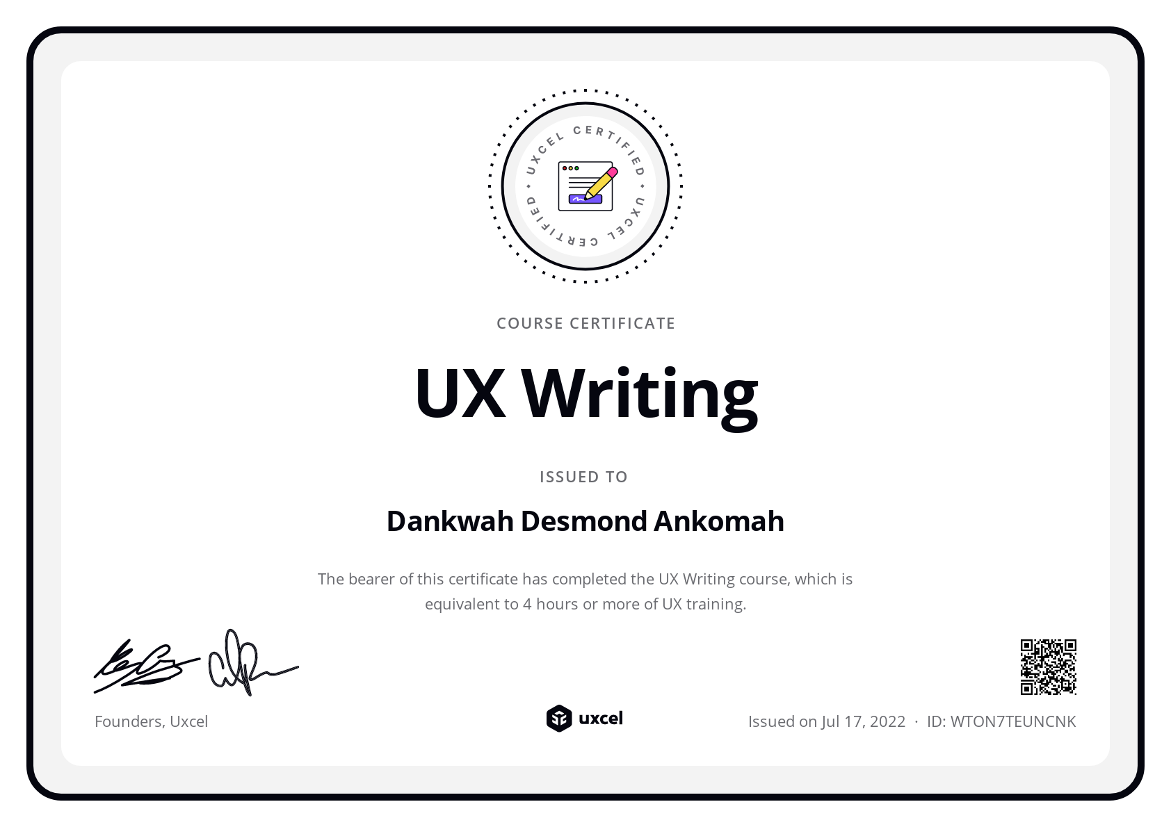 Dankwah Desmond Ankomah's certificate